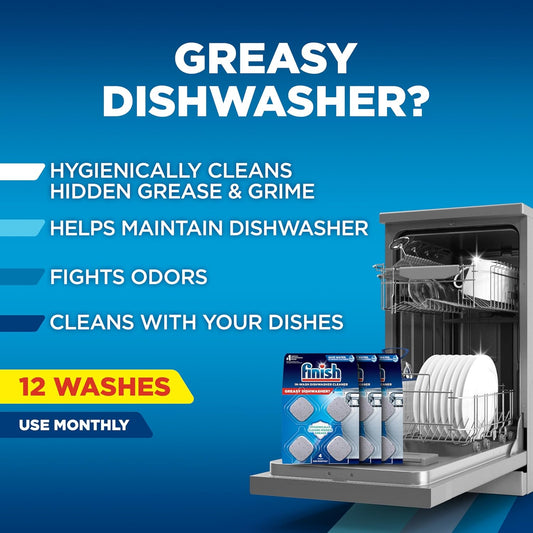 Finish Dishwasher Cleaner Tablets, Deep Cleans Hidden Grease & Grime, Fights Odors, No Extra Wash Cycle, Helps Maintain Dishwasher, 12 Month Supply, 12 Count