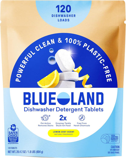 BLUELAND 100% Plastic-Free Dishwasher Detergent Tablets, 60 Count, Lemon Zest Scent, Eco Friendly Dishwashing Pods, Natural, USDA Certified biobased