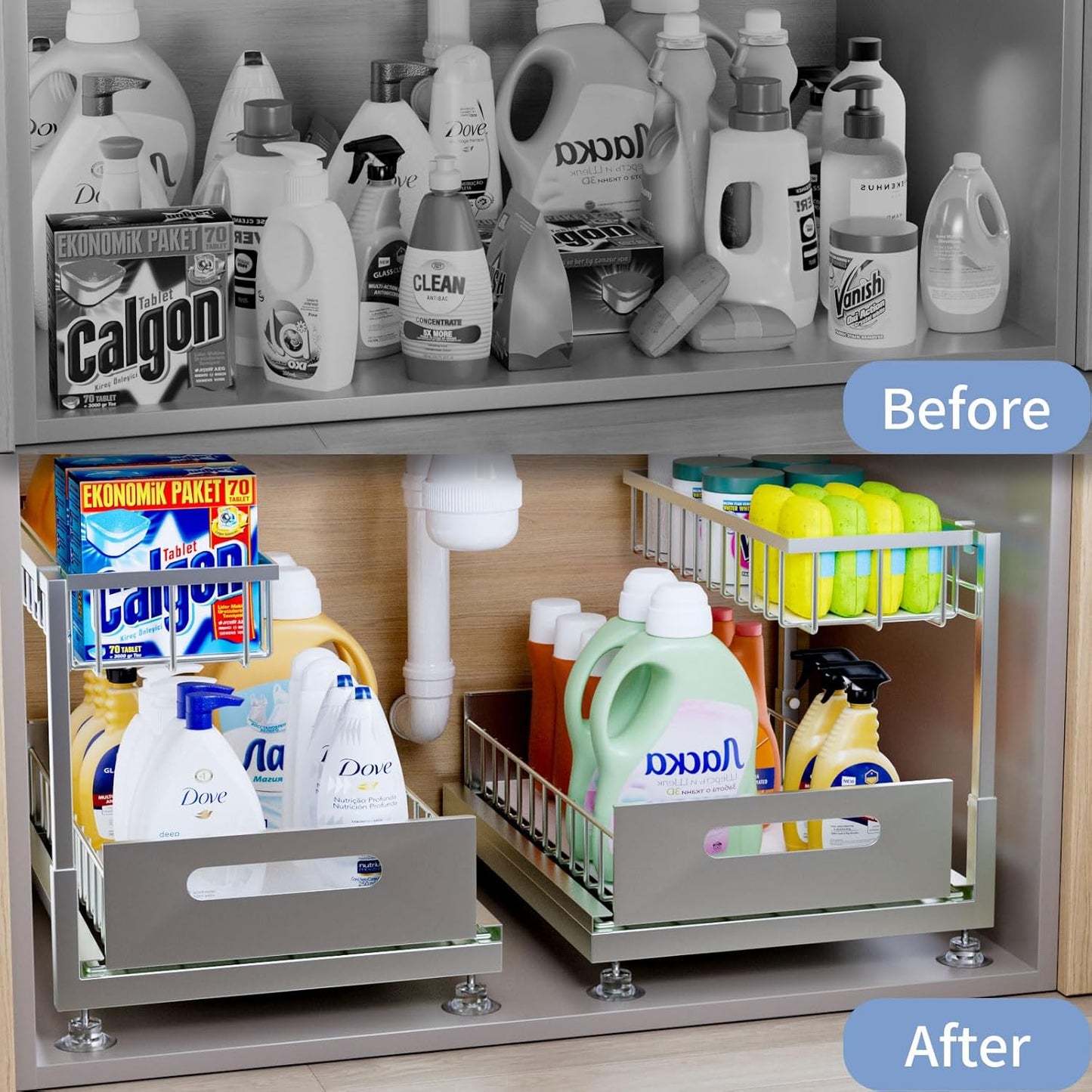 Saydear Under Sink Organizer Storage 2-Tier Premium Metal Pull-Out Kitchen Cabinet Organizer with Sliding Drawer, Height Adjustable, Heavy Duty for Kitchen & Bathroom Organizers 2 Pack Black