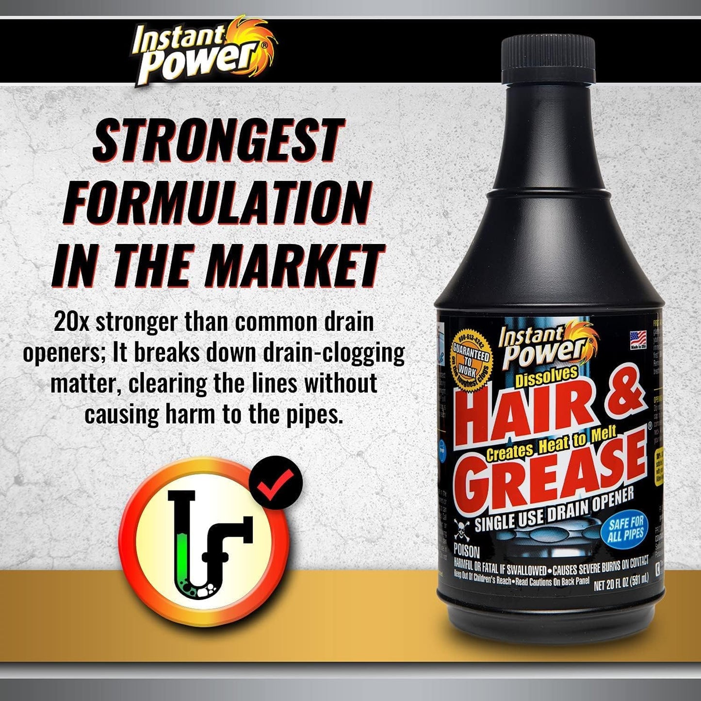 Instant Power Hair and Grease Drain Cleaner - Shower Drain & Sink Cleaner, Liquid Clog Remover, Made in USA, Sink Deodorizer - 1 Liter (Pack of 2)