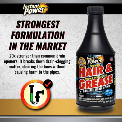 Instant Power Hair and Grease Drain Cleaner - Shower Drain & Sink Cleaner, Liquid Clog Remover, Made in USA, Sink Deodorizer - 1 Liter (Pack of 2)