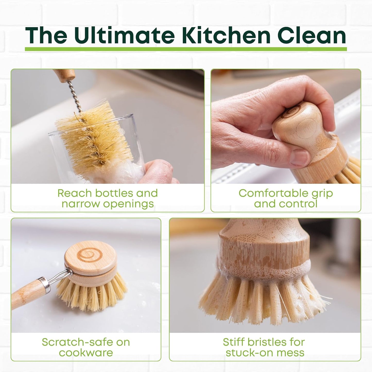 Tieralia Bamboo Dish Brush Gift Set – 5-Piece Kitchen Cleaning Set with Bottle Brush, Round Scrub Brush, Palm Brush & 2 Plant-Based Sponges | Wooden Handle Cleaning Tools for Dishes & Surfaces