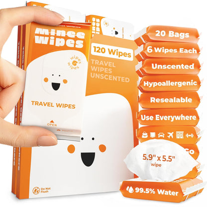 Impossibly Compact Travel Wipes - 99.5% Water - Safe for Sensitive Skin & Hypoallergenic, Resealable, Thick & Durable - For Adults, Kids & Baby Care - Unscented, 10 Pack Total 60 Wipes
