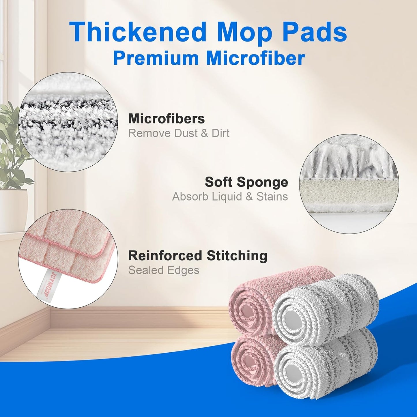 JOYMOOP 17.7-Inch Microfiber Flat Mop Replacement Pads – Washable Reusable Grey & Stripe, Pack of 4 Heavy-Duty Wet & Dry Refill for JOYMOOP Flat Mop & Bucket System