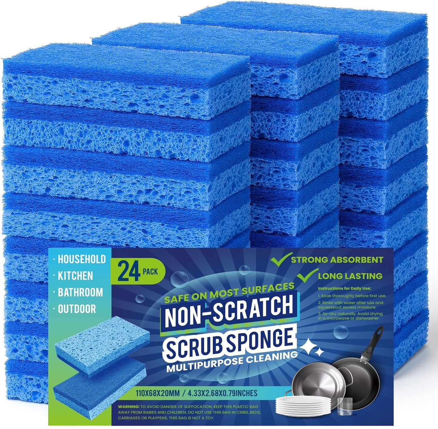 Metflavor Kitchen Sponges, 12 Count, Non-Scratch Scrub Sponge, Dual Sided Cleaning Sponges for Dishes, Kitchen, Bathroom
