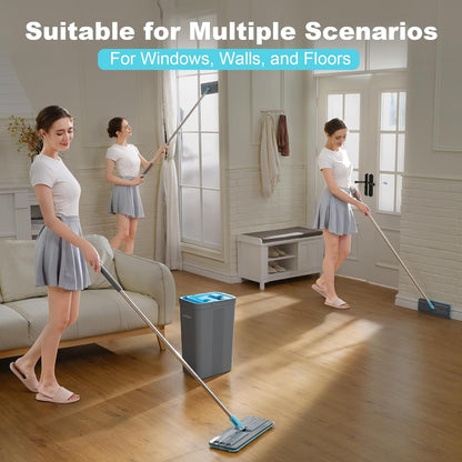 JOYMOOP Microfiber Flat Mop and Bucket System, Mops for Floor Cleaning and Wall Cleaner, Hardwood, Tile, Laminate, Vinyl Floors, Smooth Walls, and Glass Windows - 50" Flat Mop+1 Microfiber Pad[White]