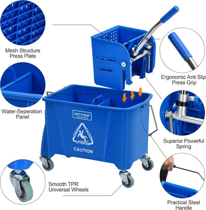 Matthew Cleaning 34 Quart Commercial Mop Bucket INCL.Wet String Mop with Side Press Wringer On Wheels,Heavy Duty Tandem Portable Floor Cleaning Wavebrake,Ideal for Household,Industrial,Restaurant