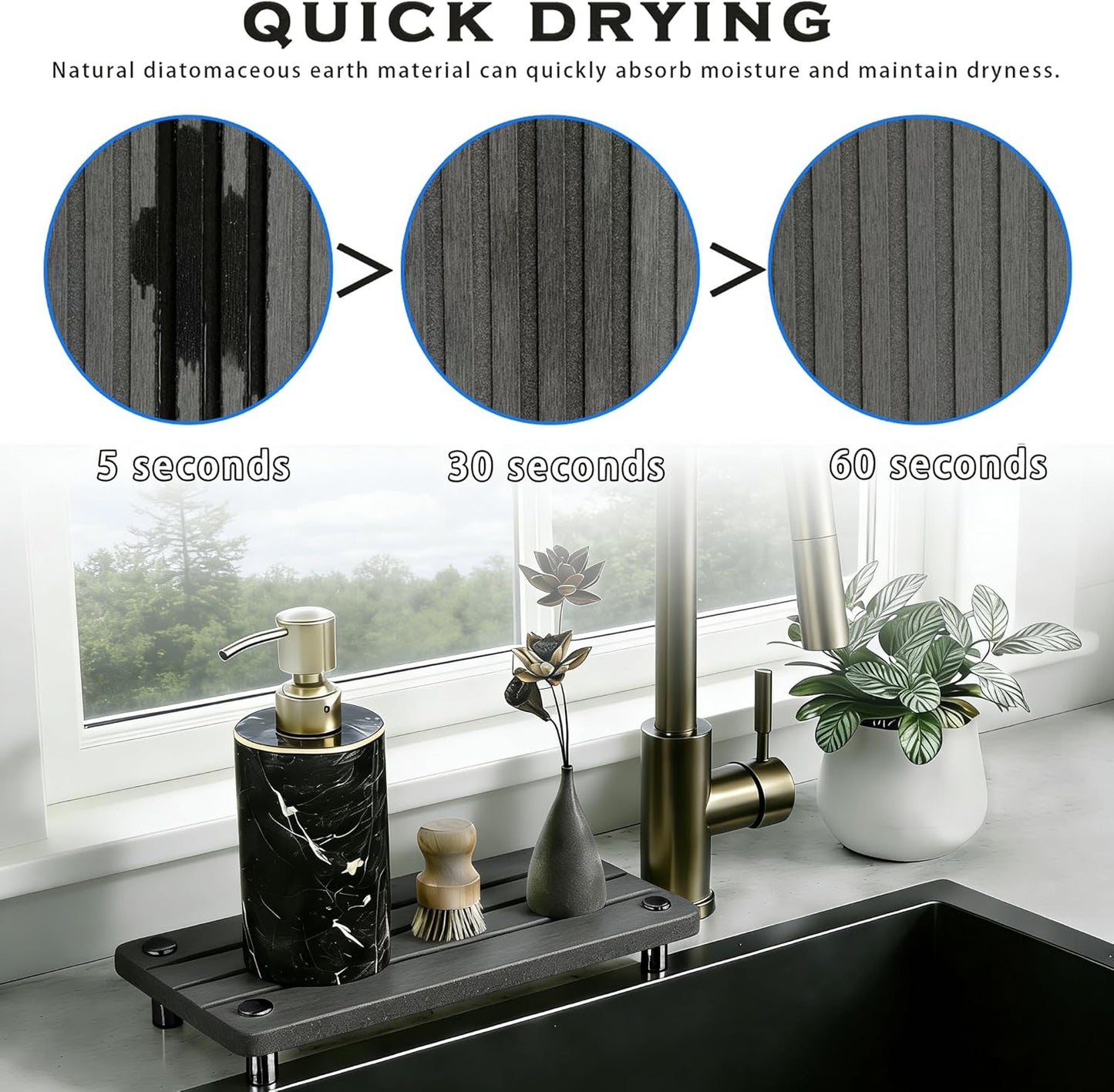 Instant Dry Sink Tray, Anti-Slip Stone Sink Caddy, Durable Kitchen Sink Organizer, Quick Dry Water Absorbing Stone Tray for Bathroom Counter, Stone Soap Tray -Dark Gray