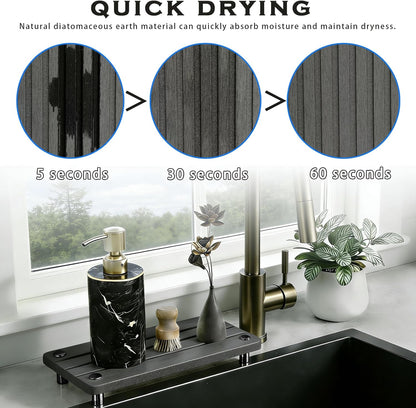 Instant Dry Sink Tray, Anti-Slip Stone Sink Caddy, Durable Kitchen Sink Organizer, Quick Dry Water Absorbing Stone Tray for Bathroom Counter, Stone Soap Tray -Dark Gray