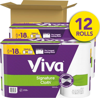 Viva Multi-Surface Cloth Paper Towels, Choose-A-Sheet Size, 12 Triple Rolls, 165 Sheets per Roll (Packaging May Vary)