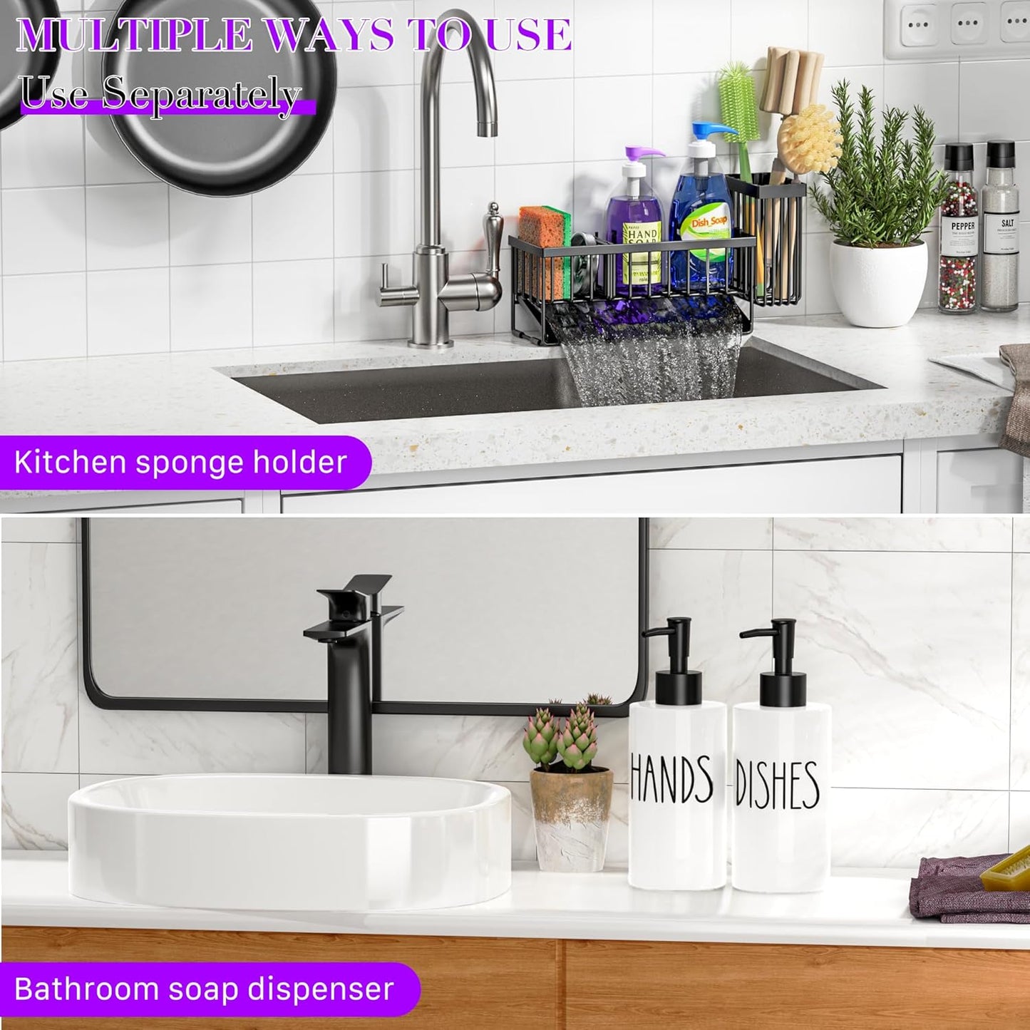 MASADI Kitchen Sink Caddy with Dish Soap Dispenser Set, 12OZ Glass Bottle, Hand and Dish Soap Dispenser Set, Non-Slip Silicone Pad, Brush Holder, Kitchen Sink Organizer Countertop (Black+Clear)