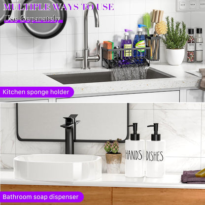 MASADI Kitchen Sink Caddy with Dish Soap Dispenser Set, 12OZ Glass Bottle, Hand and Dish Soap Dispenser Set, Non-Slip Silicone Pad, Brush Holder, Kitchen Sink Organizer Countertop (Black+Clear)