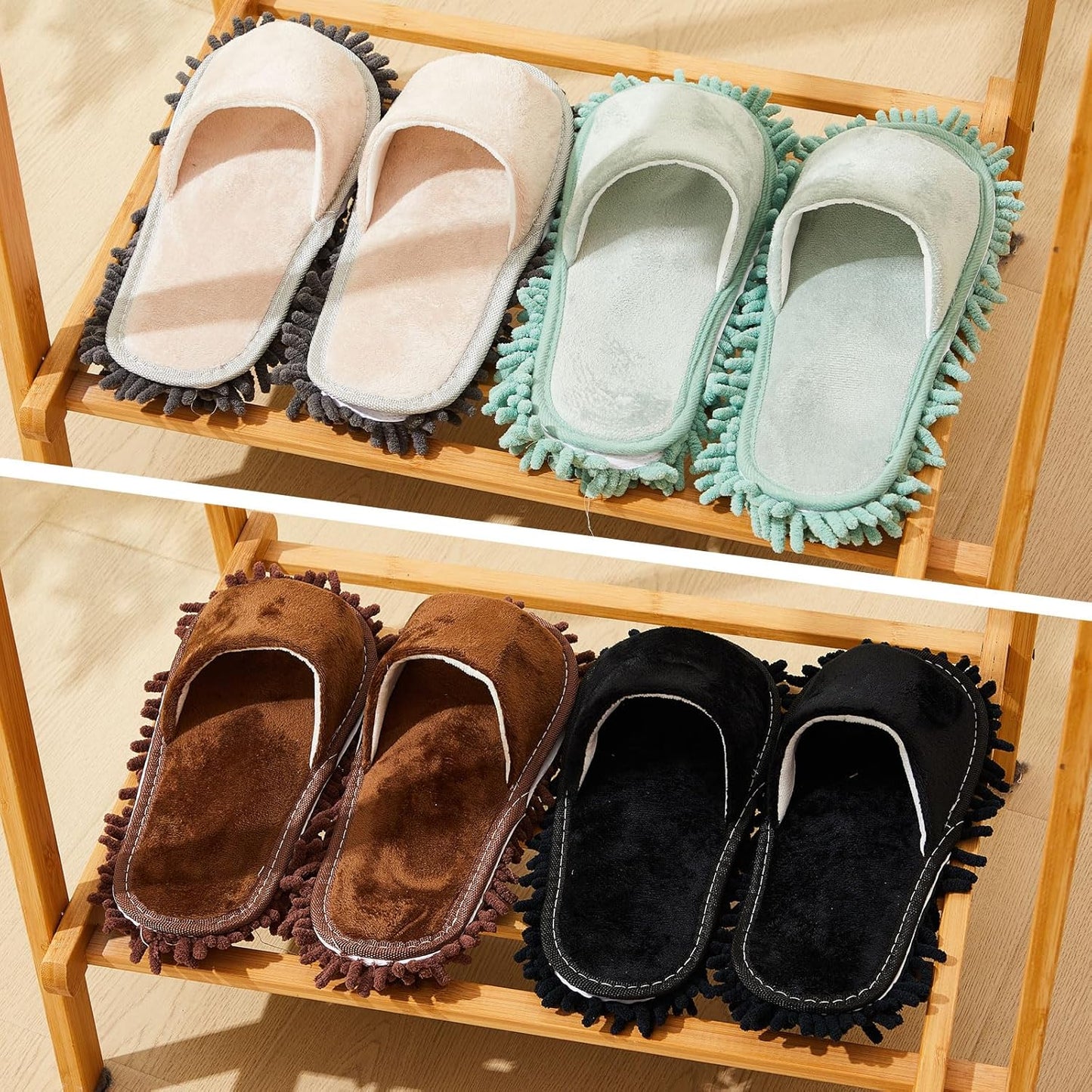 Jecery 4 Pair Washable Microfiber Mop Slippers Detachable Dusting Shoes for Floor Cleaning, Office & Home Use Suitable for Women & Men(Blue, Brown, Beige, White,L Size)