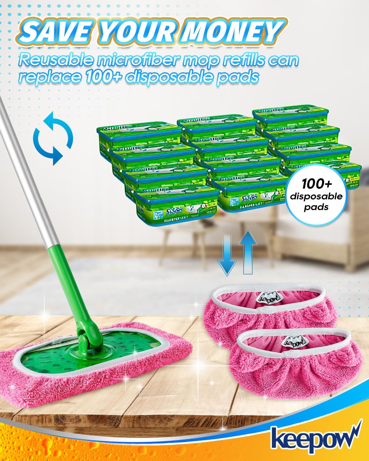 KEEPOW Reusable Mop Pads Compatible with Swiffer Sweeper Mop, Dry Sweeping Cloths for Swiffer Pads, 8 Pack Washable Microfiber Wet Mopping Cloth Refills for Surface/Hardwood Floor Cleaning