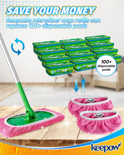 KEEPOW Reusable Mop Pads Compatible with Swiffer Sweeper Mop, Dry Sweeping Cloths for Swiffer Pads, 8 Pack Washable Microfiber Wet Mopping Cloth Refills for Surface/Hardwood Floor Cleaning