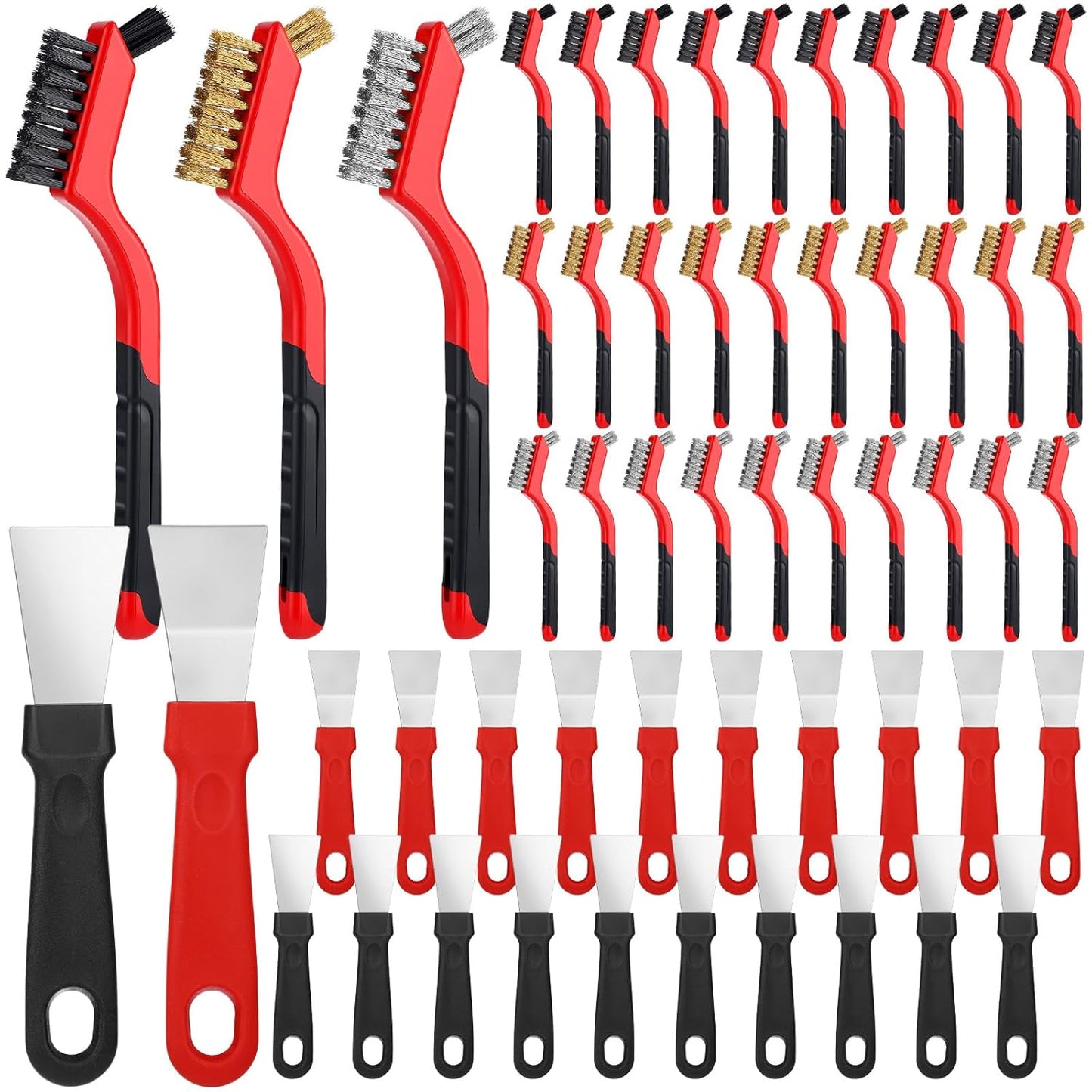 Reallnaive 50 Pcs Wire Brush Set with 20 Scrapers, Small Wire Cleaning Brush Set Stainless Steel Brass Nylon Metal Brushes with Dual Head Curved Handle Grip for Cleaning Rust Weld Slag Grout