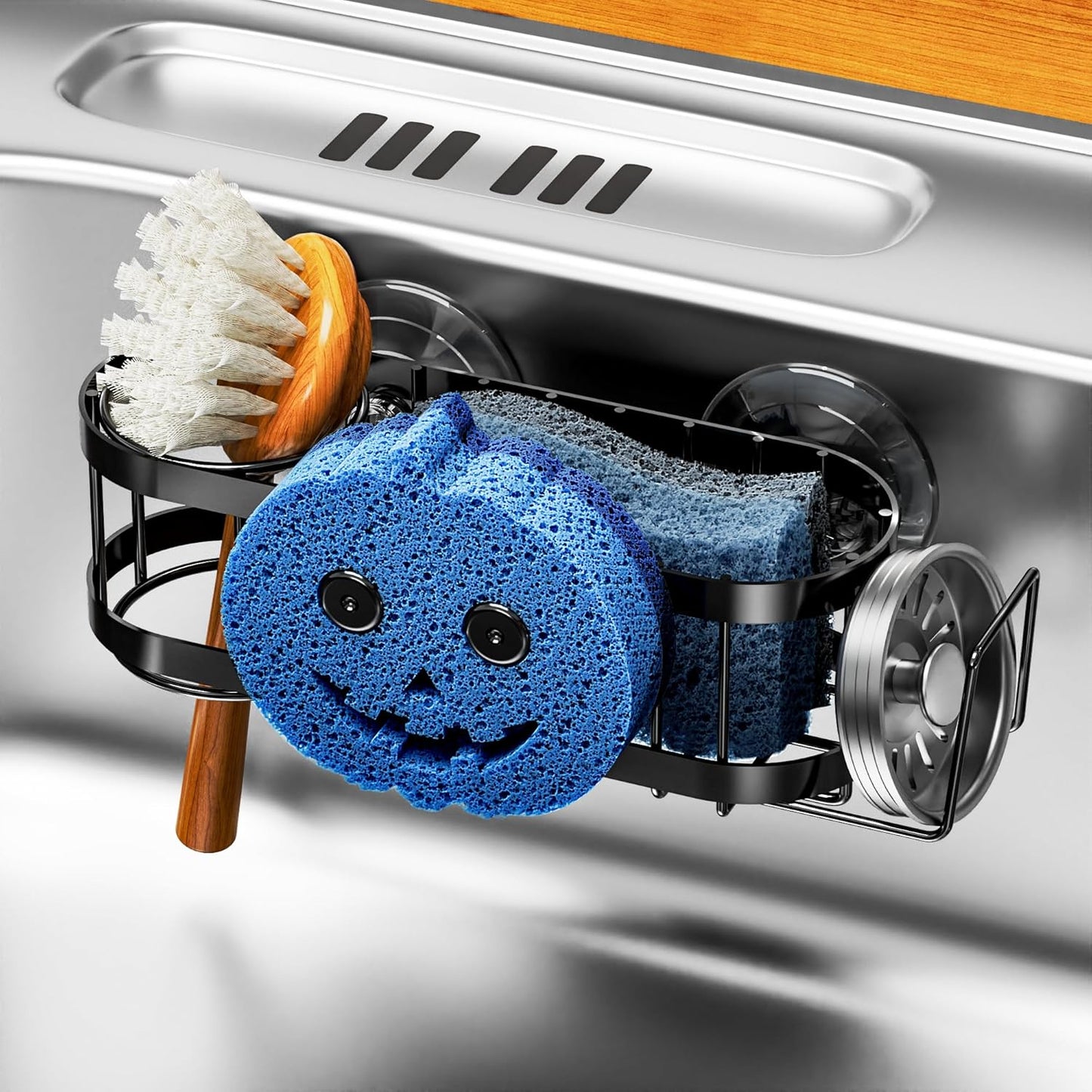 Cisily Kitchen Sink Caddy Sponge Holder in The Sink, Stainless Steel Kitchen Sink Organizer, Brush Holder, Dish Cloth Hanger, Sink Stopper Holder (Suction cup-Black)
