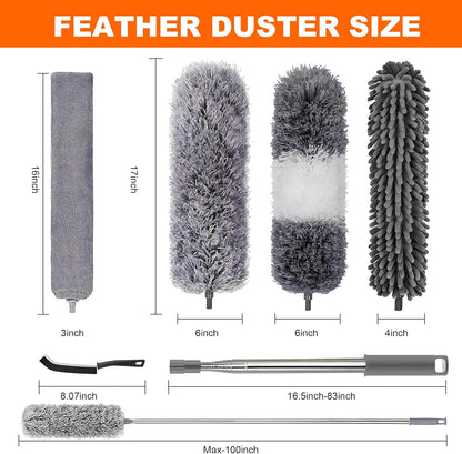 Professional Microfibre Dusters for Cleaning | Duster with Extension 100" | Cobweb Remover Duster Kit with 4 Washable Heads | Bendable Feather Duster for High Ceilings,Fans & Hard-to-Reach Areas,7PCS
