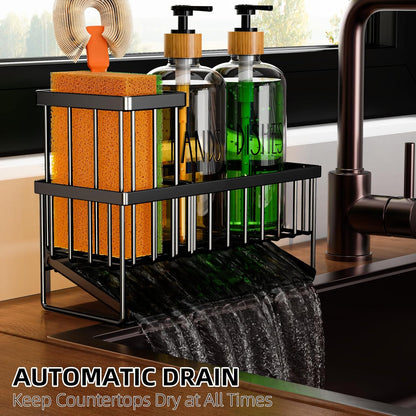 Cisily Kitchen Dish Soap Dispenser Set with 2 Pack 16.9oz Black Glass Bottle and Sponge Holder, Dish Soap Dispensers with Adjustable Sponge Holder, Vintage Hand and Dish Soap Dispensers Set