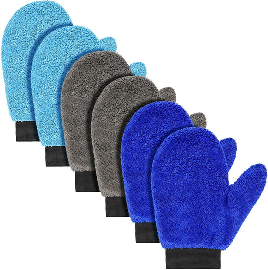 Teenyyou 6 Pcs Microfiber Dusting Mitt Car Wash Mitts Cleaning Glove with Thumb Reusable Terry Dusting Gloves with Elastic Wrist Cuff for Car Wheel Plants House Kitchen(Blue, Grey,8.85 x 7.08 Inch)