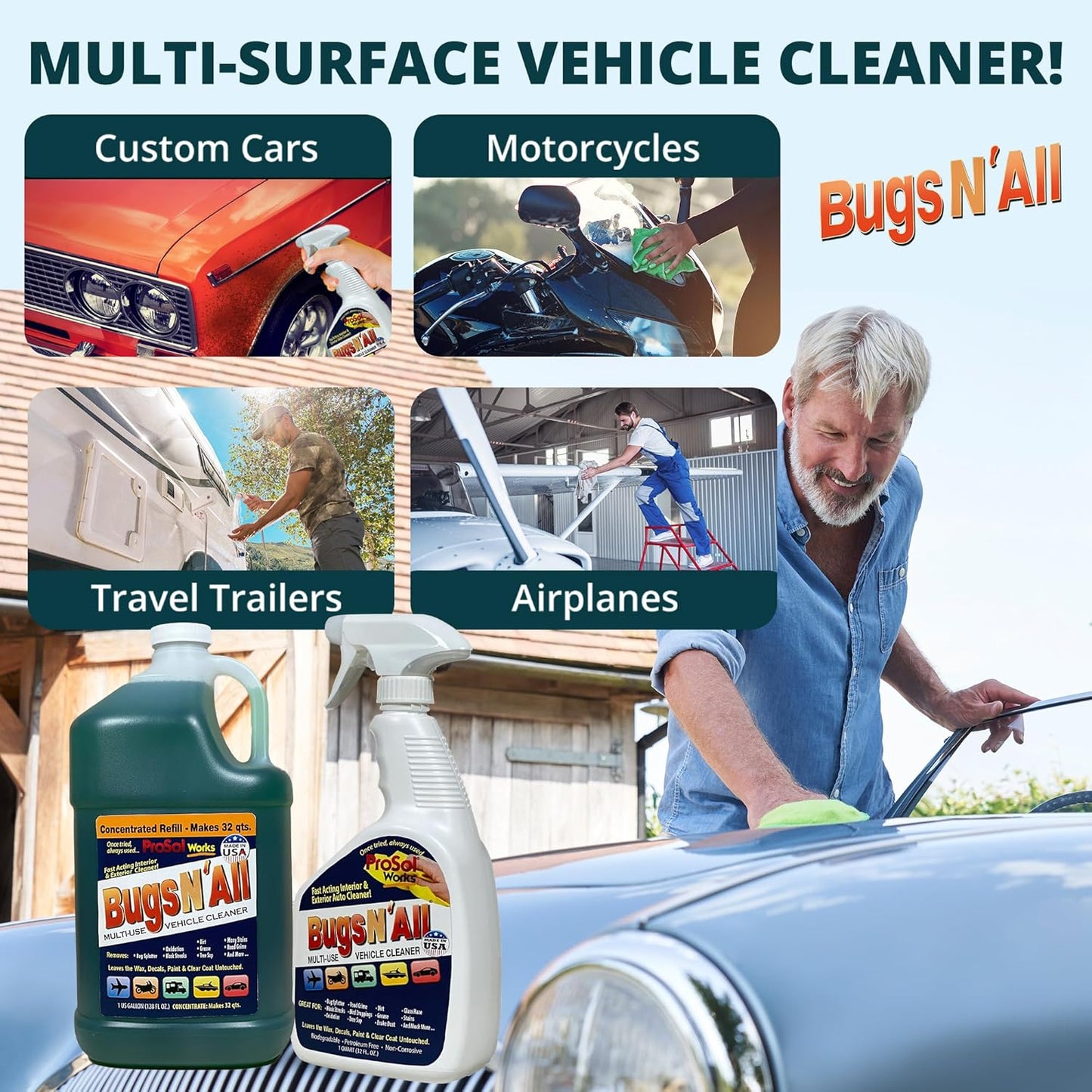 Bugs N’ All Multipurpose Car Cleaner & Degreaser - Bug & Tar Remover Concentrate 32 oz - Exterior Cleaner Safe for Car Paint, Metal, Chrome, Aluminum, Windows & Mirrors - w/Free 32 oz Spray Bottle