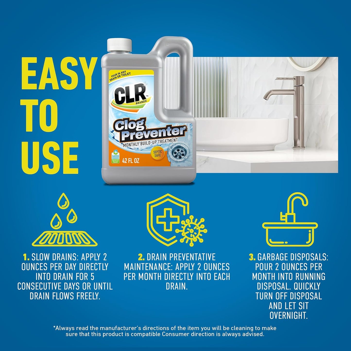 CLR Clear Pipes & Drains Clog Remover and Cleaner, For Shower, Sink, Toilet, Garbage Disposal, 42 Ounce Bottle