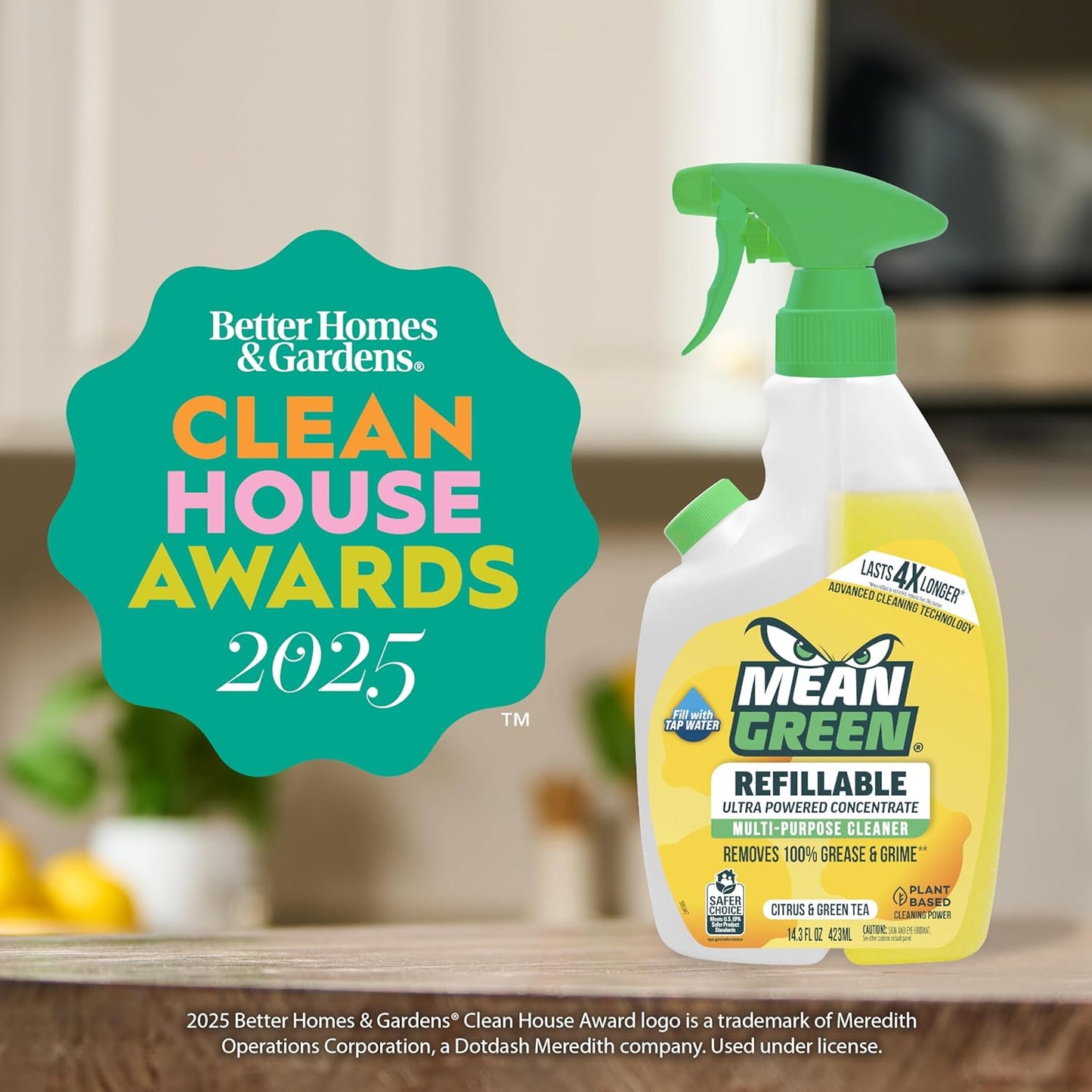 Mean Green Refillable Ultra Powered Multi-Purpose Cleaner Concentrate, Citrus & Green Tea, 14.3 fl oz – Plant & Mineral Based, Cuts Through Grease & Grime, Refillable Bottle Makes 4X Refills