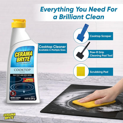 Cerama Bryte Glass Cooktop and Stove Top Cleaner Combo Kit - Includes Cleaning Tool, Razor, Scraper and 1 Pad to Remove Tough Stains - Use on Gas, Electric, Ceramic Surfaces, 10 Ounces, 4 Piece