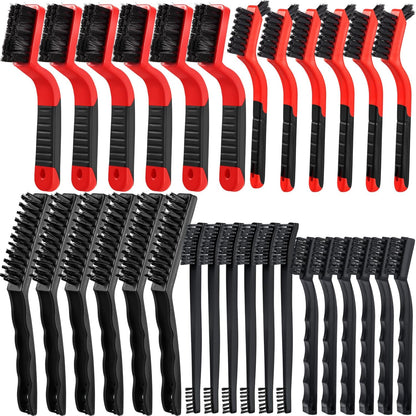 Sumind 30 Pcs Wire Cleaning Brush Set Nylon/ Stainless Steel/ Brass Metal Brush with Curved Handle Grip Paint Remover for Cleaning Rust Grout Cleaner (Nylon, Brass, Stainless Steel)