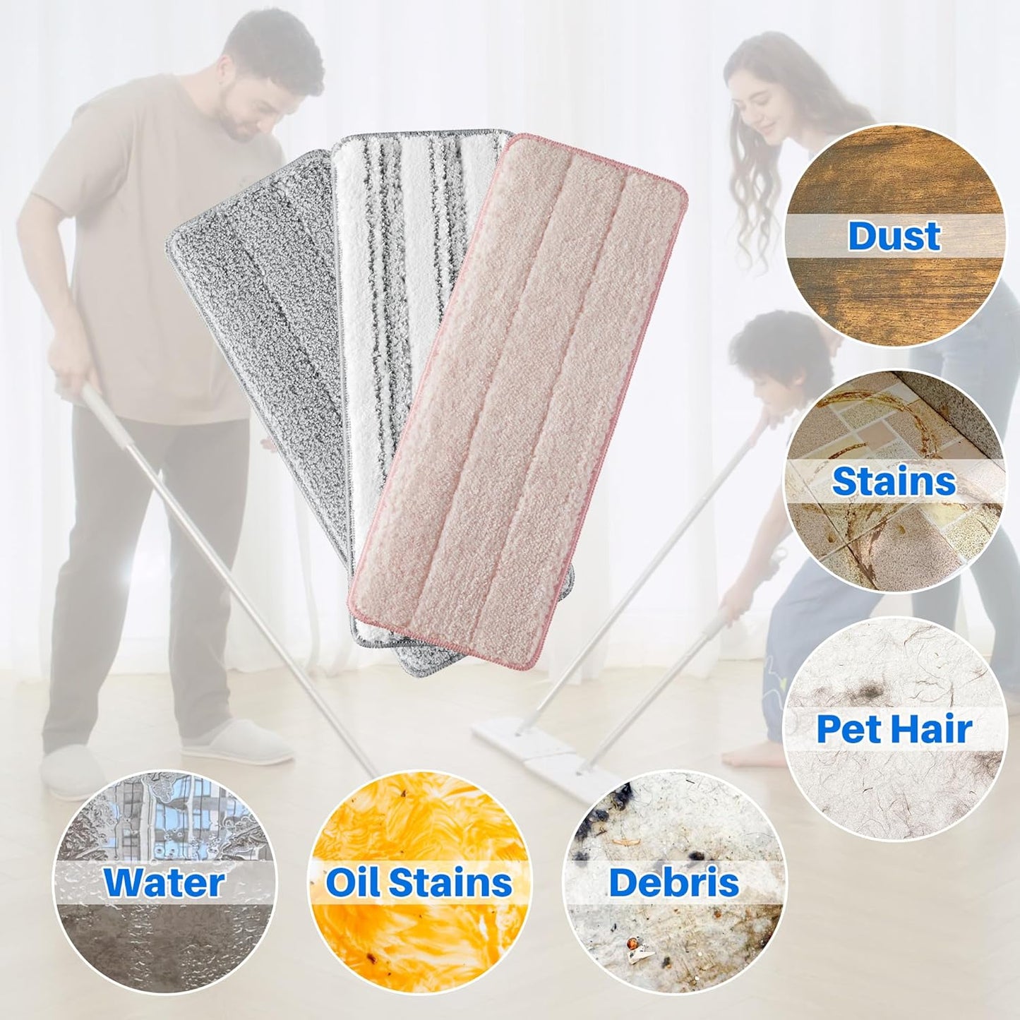 JOYMOOP 17.7-Inch Microfiber Flat Mop Replacement Pads – Washable Reusable Grey & Stripe, Pack of 4 Heavy-Duty Wet & Dry Refill for JOYMOOP Flat Mop & Bucket System