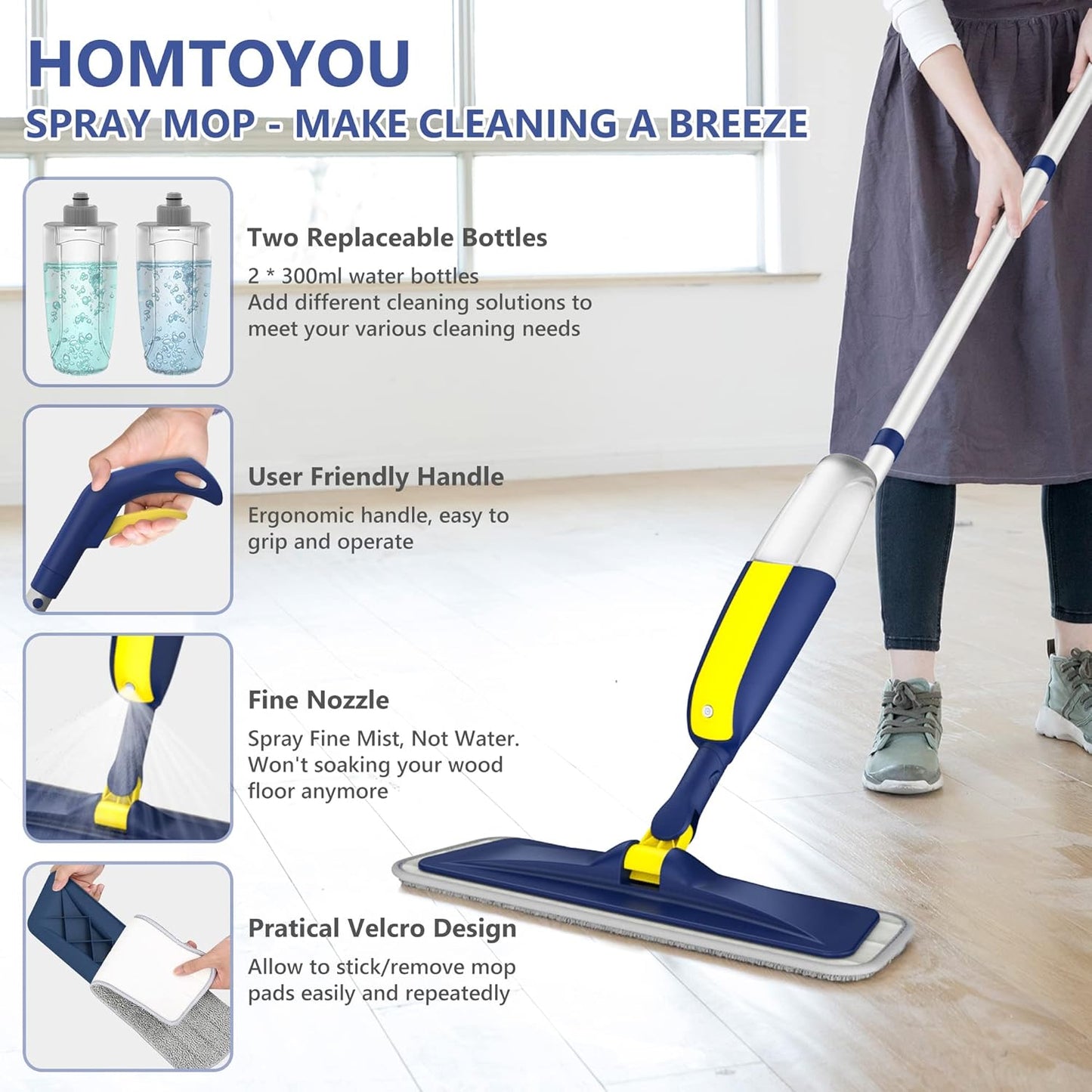 HOMTOYOU Spray Mop for Floor Cleaning: Wet Mop with 4 Washable Microfiber Pads and 2 Refillable Bottles for Hardwood Laminate Wood Vinyl Ceramic Tiles Home Kitchen