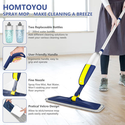 HOMTOYOU Spray Mop for Floor Cleaning: Wet Mop with 4 Washable Microfiber Pads and 2 Refillable Bottles for Hardwood Laminate Wood Vinyl Ceramic Tiles Home Kitchen
