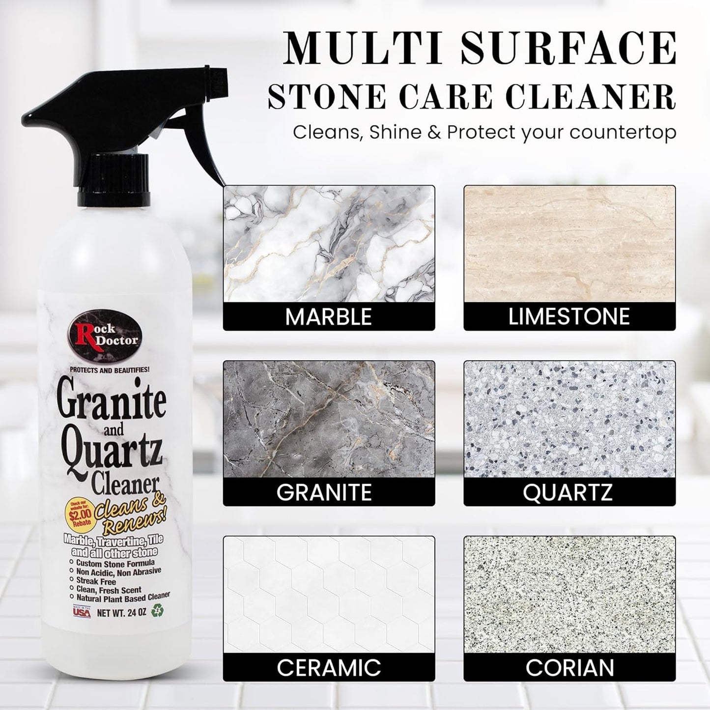 Rock Doctor Granite & Quartz Cleaner Spray 24 oz. bottle, Tile Cleaner, Marble Cleaner, Kitchen Countertop Cleaner, Streak-Free Shine Pack of 2