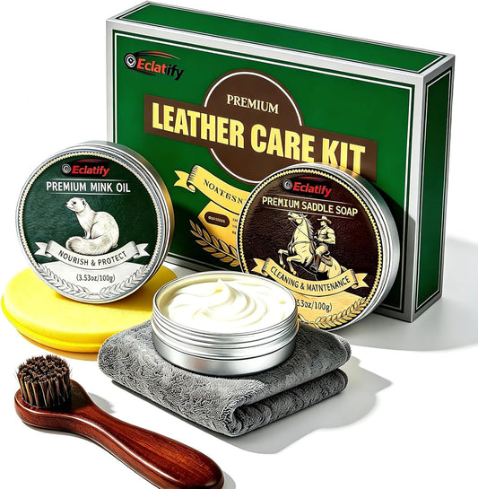 5-in-1 Leather Care Kit with Saddle Soap & Mink Oil, Leather Cleaner and Conditioner for Cowboy Boots, Jackets, Handbags, Car Interiors, Ideal Gift for Leather Lovers