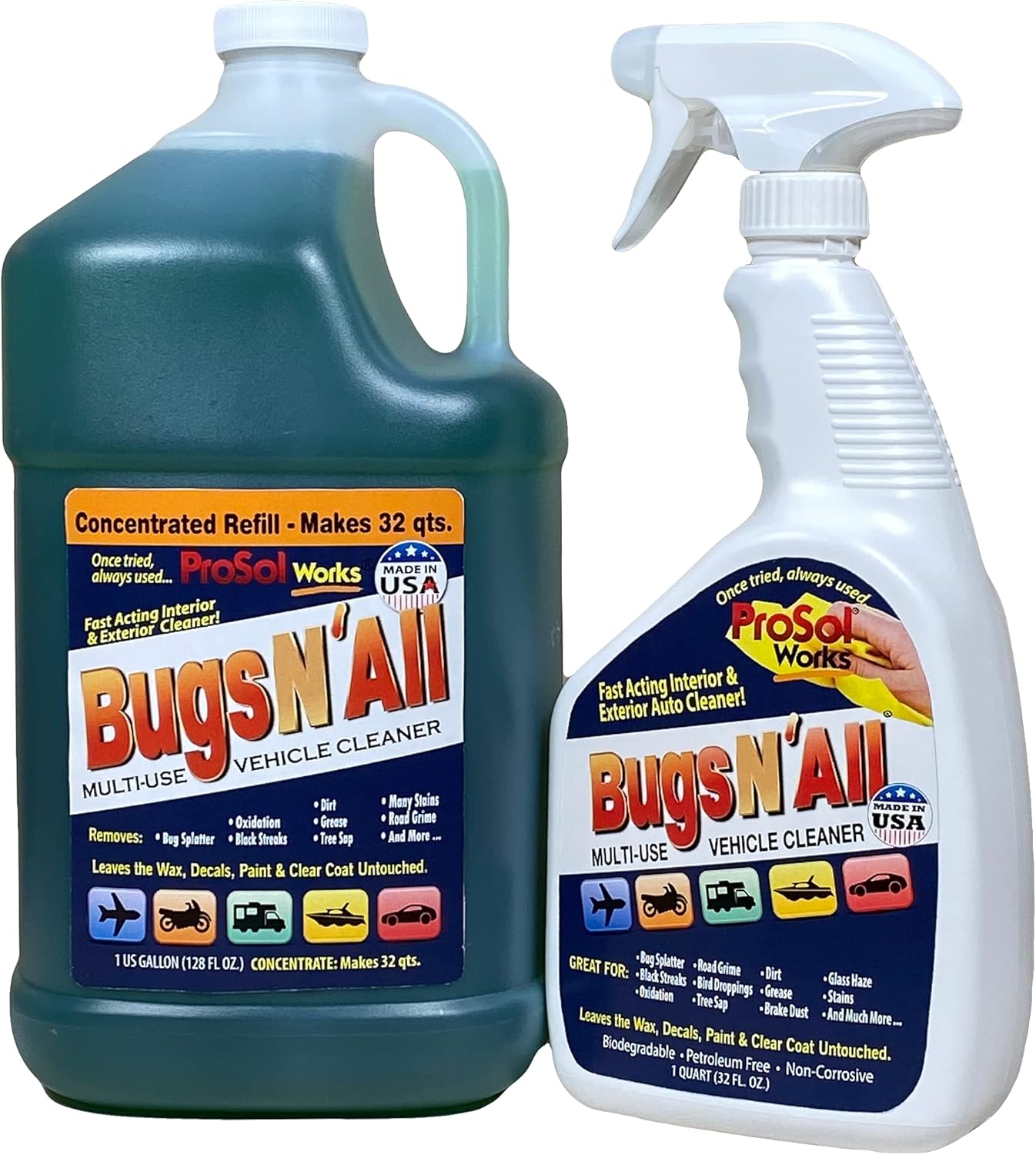 Bugs N’ All Multipurpose Car Cleaner & Degreaser - Bug & Tar Remover Concentrate 32 oz - Exterior Cleaner Safe for Car Paint, Metal, Chrome, Aluminum, Windows & Mirrors - w/Free 32 oz Spray Bottle