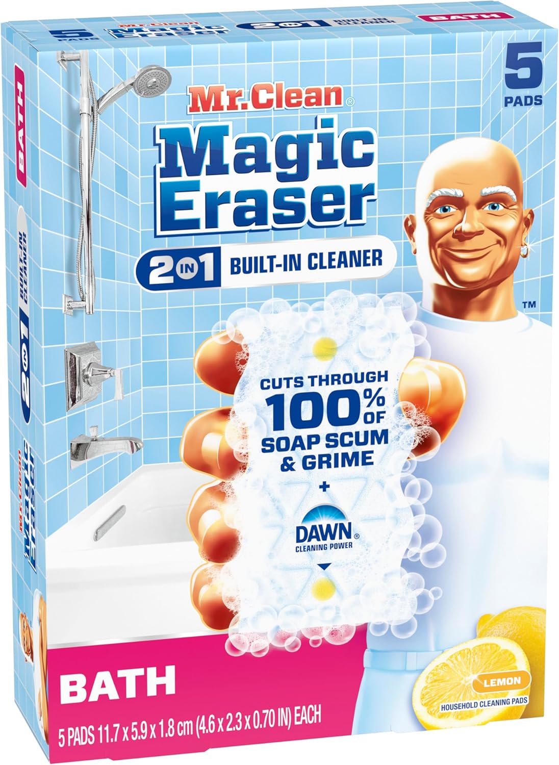 Mr. Clean Magic Eraser Sponge, Bathroom, Shower, Tub Cleaner, Soap Scum Remover, Bathroom Cleaning Supplies, Dawn Cleaning Power with Lemon Scent, Shower & Tub, 6ct