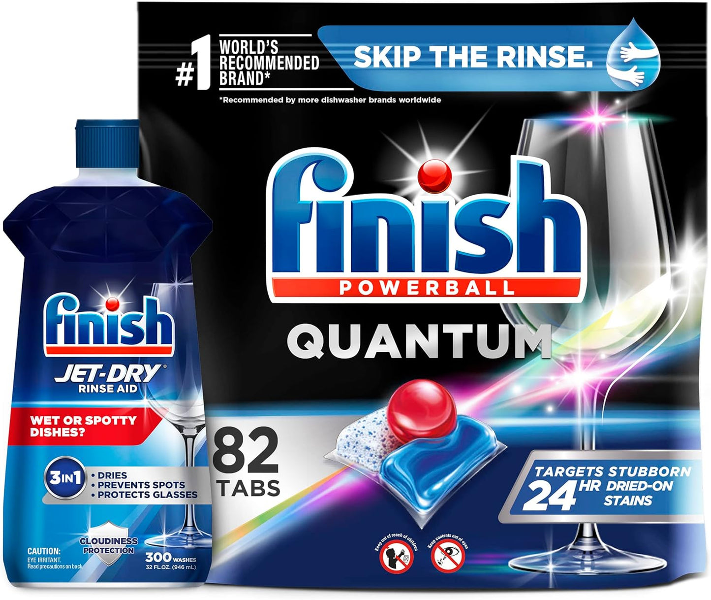 Set: Finish - Quantum - 82ct - Dishwasher Detergent - Powerball - Ultimate Clean & Shine - Dishwashing Tablets - Dish Tabs & Finish Jet-dry, Rinse Agent, Ounce Blue 32 Fl Oz