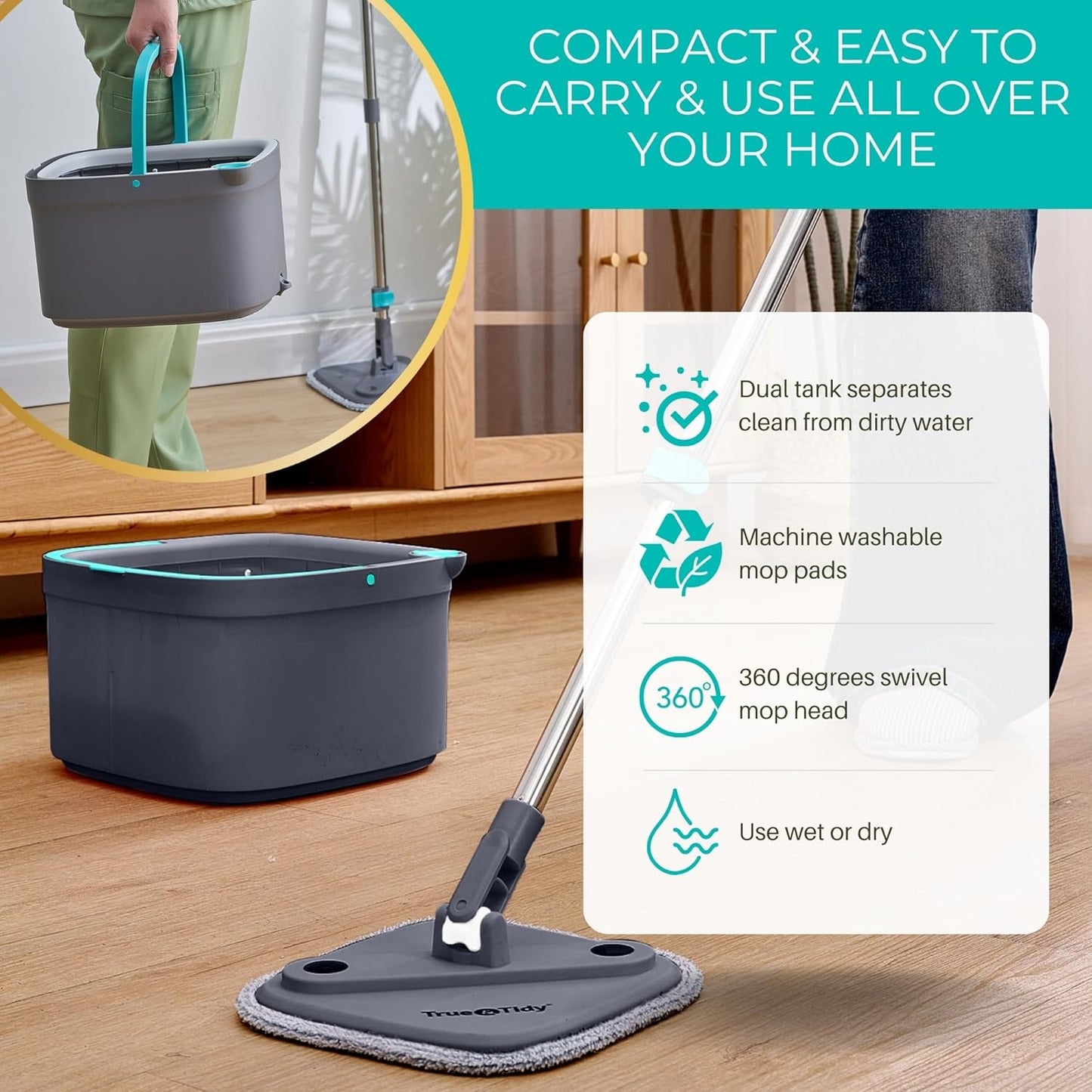 True & Tidy® True Clean Mop and Bucket System, Includes Square Spin, Dual Compartment Mop Bucket and 2 Thick Machine Washable Pads New Upgraded with Side Brush & Self Standing Handle, Rose