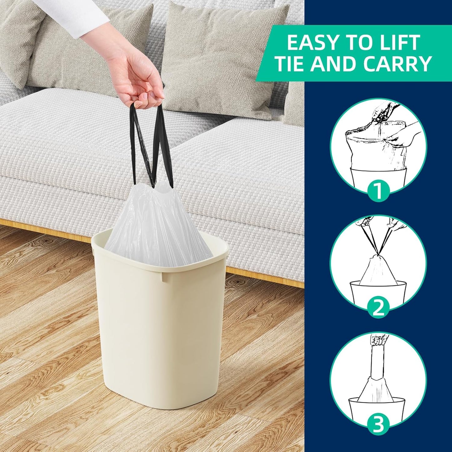 120 Counts 1.6 Gallon Mini Drawstring Trash Bags, Small Garbage Bags by KSSKSS, Code a fit 4.5-8 Liter, 1.2-2 Gal, White Trash Bin Liners for Home Office Kitchen Bathroom Bedroom