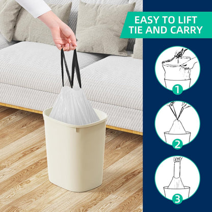 120 Counts 1.6 Gallon Mini Drawstring Trash Bags, Small Garbage Bags by KSSKSS, Code a fit 4.5-8 Liter, 1.2-2 Gal, White Trash Bin Liners for Home Office Kitchen Bathroom Bedroom