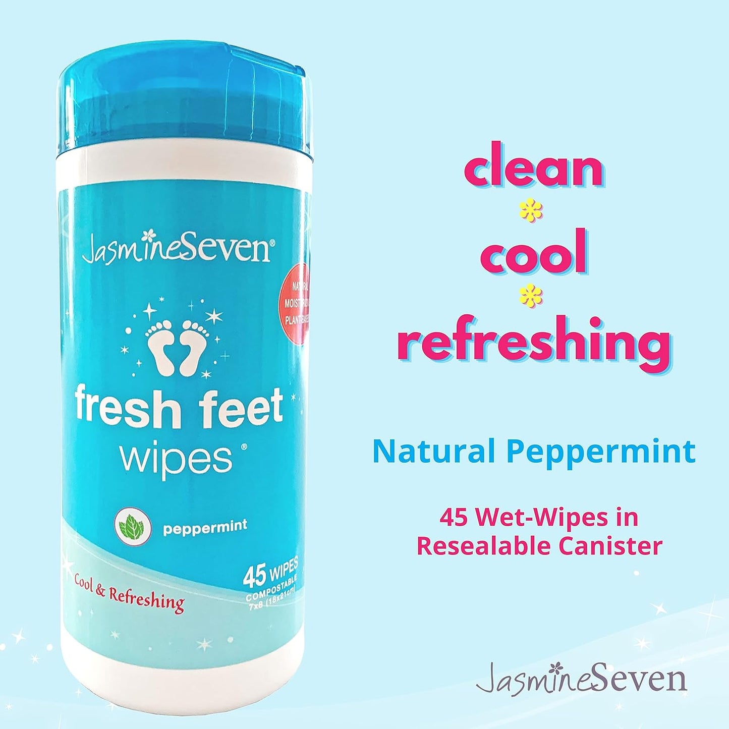 Jasmine Seven Fresh Feet Wipes - Peppermint - 45 Count Resealable Canister (Natural Foot and Body Wet Wipes)