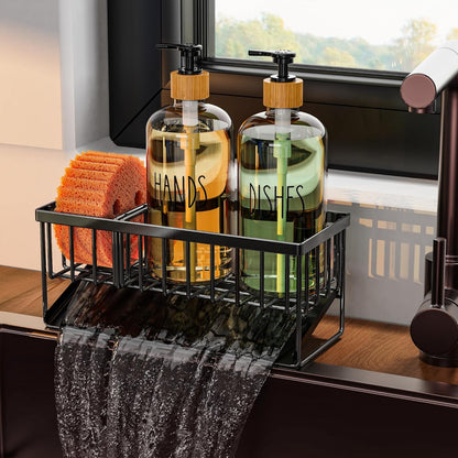Cisily Kitchen Dish Soap Dispenser Set with 2 Pack 16.9oz Black Glass Bottle and Sponge Holder, Dish Soap Dispensers with Adjustable Sponge Holder, Vintage Hand and Dish Soap Dispensers Set