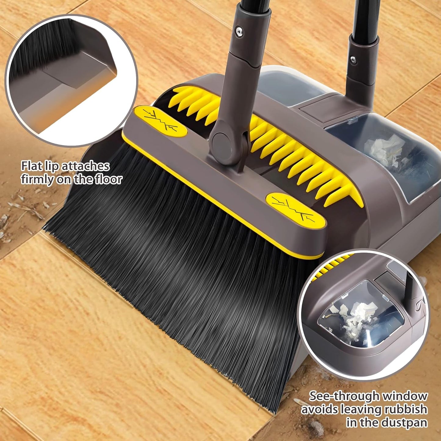 JEHONN Broom and Dustpan Set for Home, 54 Inches Long Handle Lightweight 180 Degree Rotating Indoor Upright Standing Dust Pan with Comb Teeth, Store Sweep Set for Room Kitchen Lobby Office