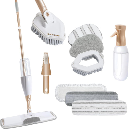 Quick Shine Ultimate Gold Spray Mop Kit | All-in-One 11 Pc Kit w/ Interchangeable Attachments | Floor Cleaner Included | No Batteries Needed | Pro Cleaning System for All Floor Types | 2-in-1 Mop