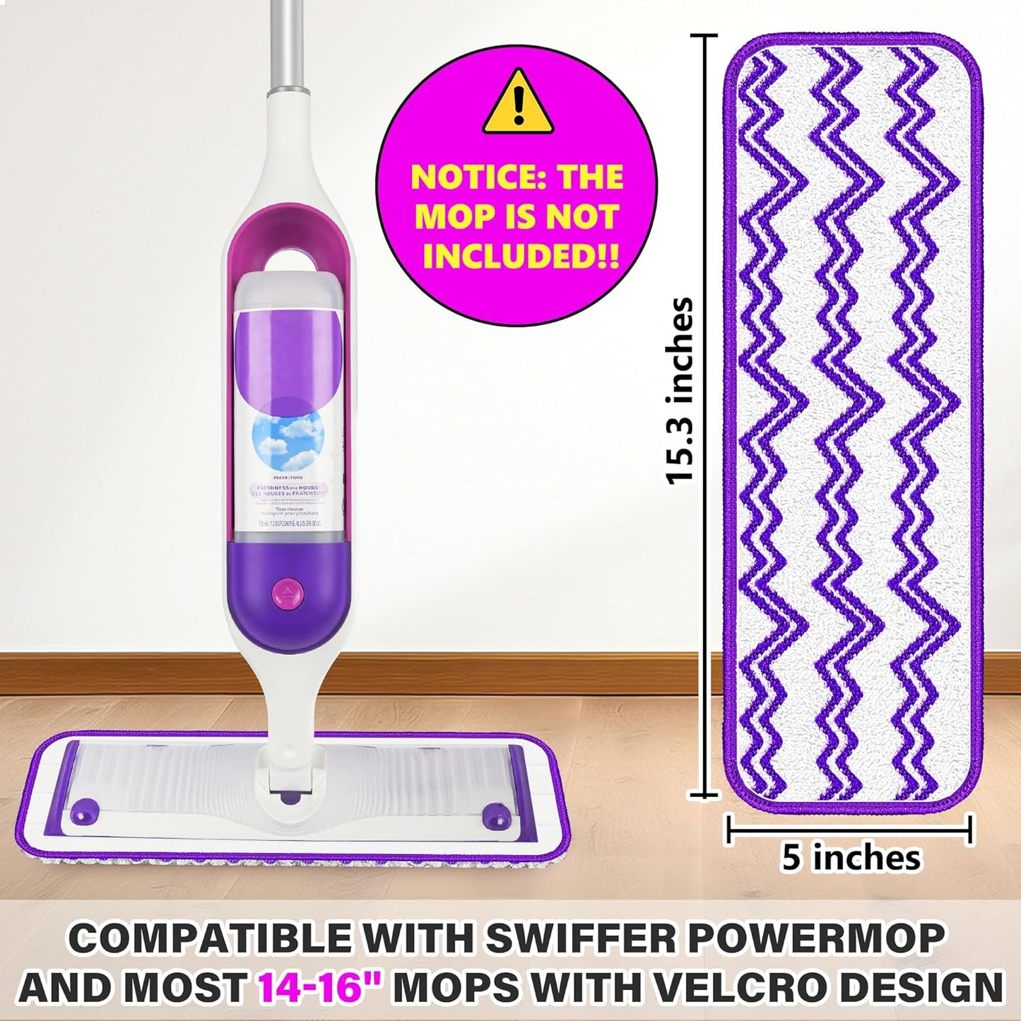 Reusable Mop Pads Compatible with Swiffer PowerMop, Microfiber Mop Pads Replacement Washable Mop Refills Pads for Dry Wet Mop, Spray Mops Pads Floor Mop Head for Hardwood Cleaning, 6 Pack