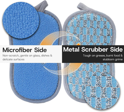 Multi-Purpose Scrub Kitchen Sponges – 12 Pack Dish Sponge, Dual-Sided Non-Scratch Microfiber & Metal Scrubber, Reusable Sponges for Dishes, Pots, Glass, Sink, Stovetop & Bathroom (Gray)