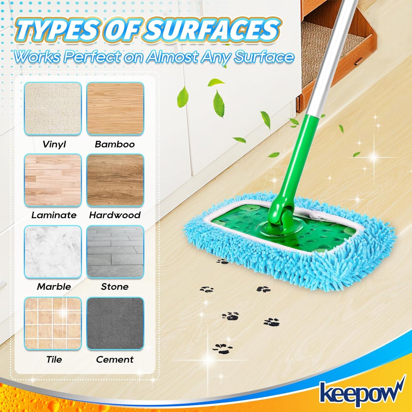 KEEPOW Reusable Dry Sweeping Cloths Microfiber Wet Pads Compatible with Swiffer Sweeper Mop and Sweep & Mop Deluxe, Replacement Mopping Pad Refills for Hardwood Floor Cleaning (2 Pack)