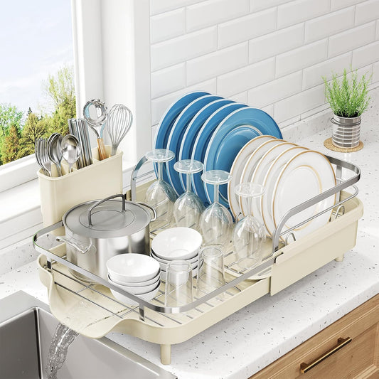 SNTD Dish Drying Rack, Expandable Dish Rack for Kitchen Counter, Stainless Steel Dish Drainer with Drainboard Set and Utensil Holder (Black)