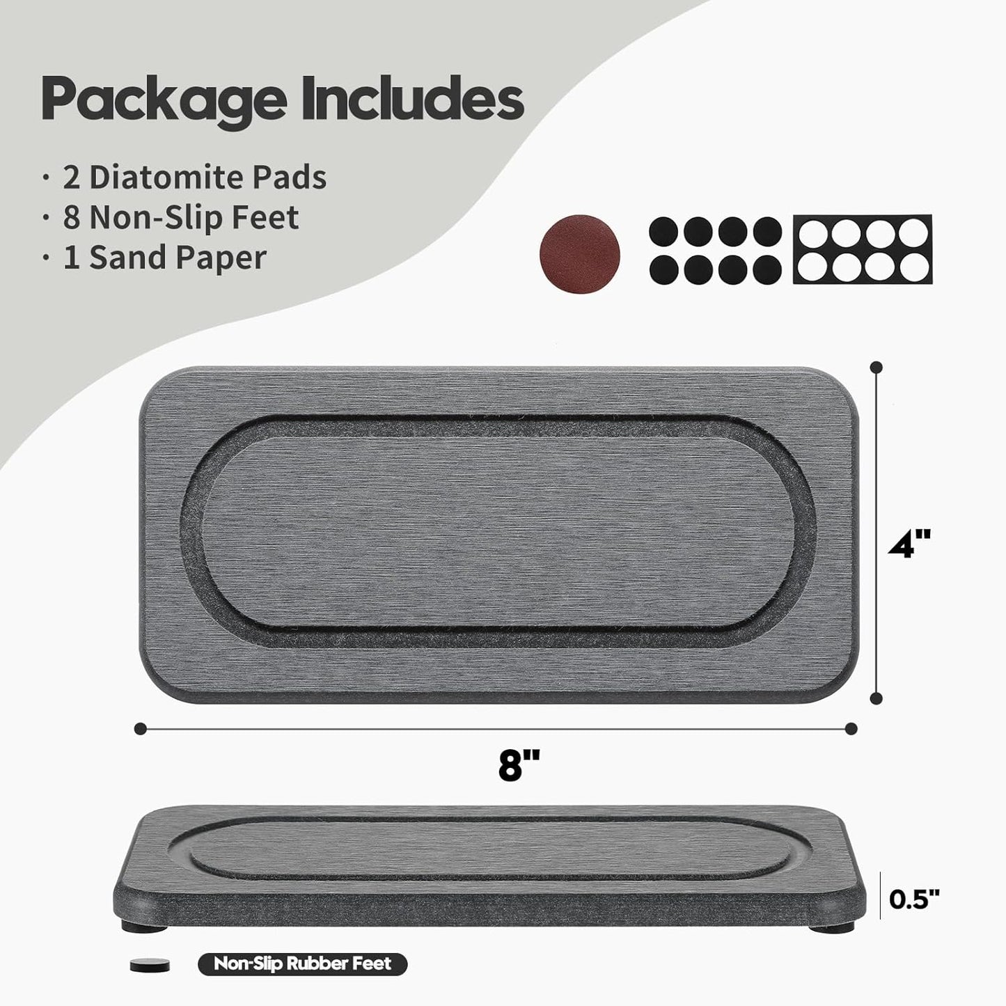 Fast Water Absorption Sink Organizer Tray Set, 3-Pack Compact and Space-Saving Stone Soap Holder Caddy for Kitchen & Bathroom Counter, Faucet Splash Guard, White (1pc of 8"x3.8" + 2pcs of 3.8"x3.8")