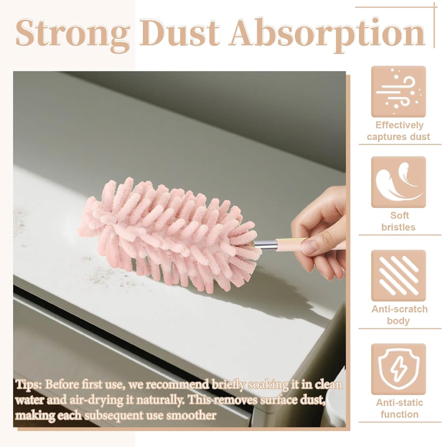 2 PCS Car Interior Duster with Extension Pole, Microfiber Car Duster with Bendable Head, Car Accessories Dusters Exterior&Interior Scratch Free, for Cleaning of Vehicle Details, Offices, Windows(Pink)